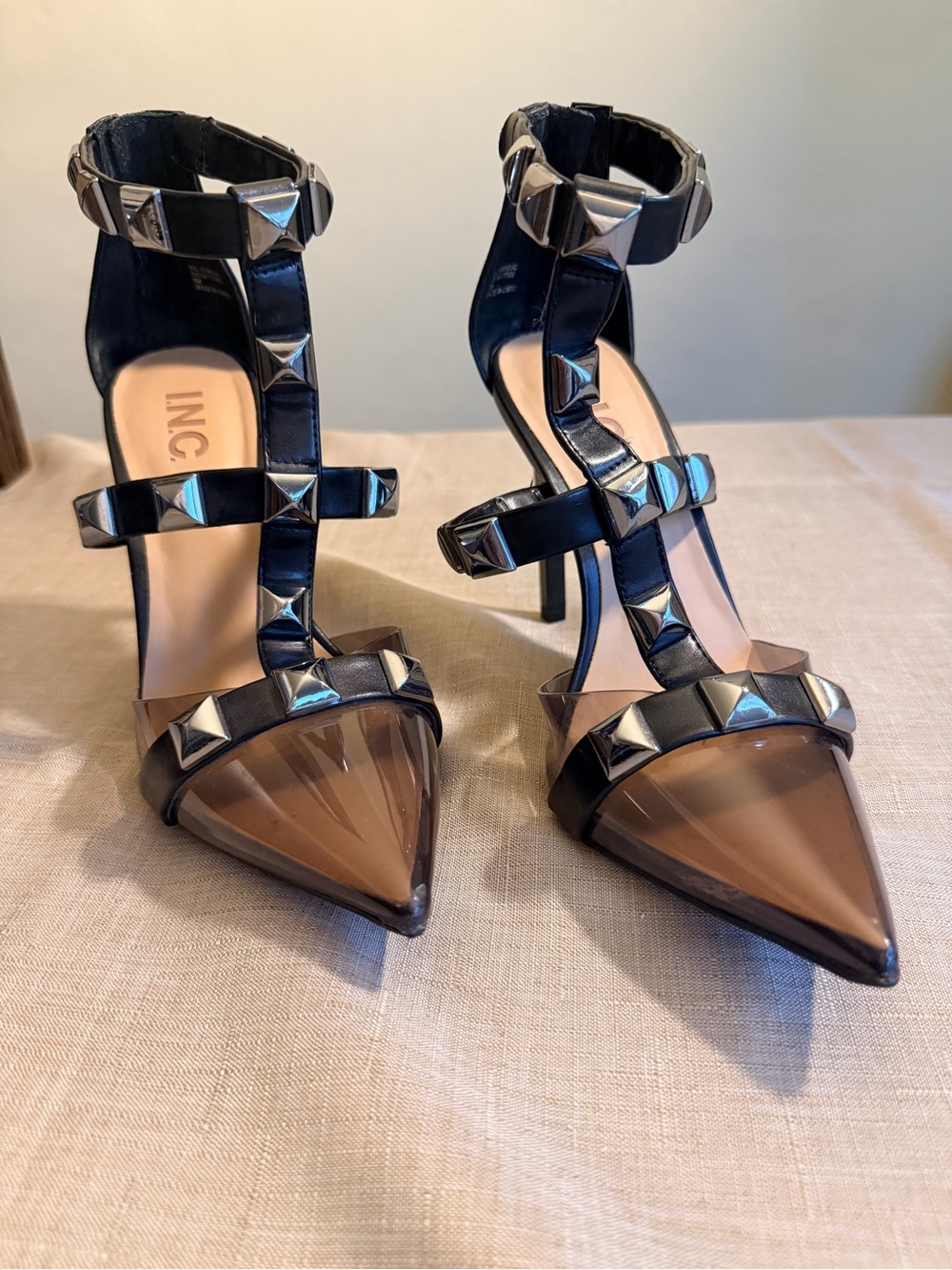 INC International Concepts Black Studded T-Strap Pointed Toe Heels